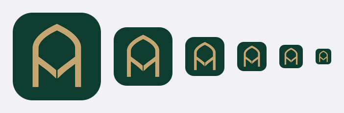Dark app icon at 180 down to 32 px